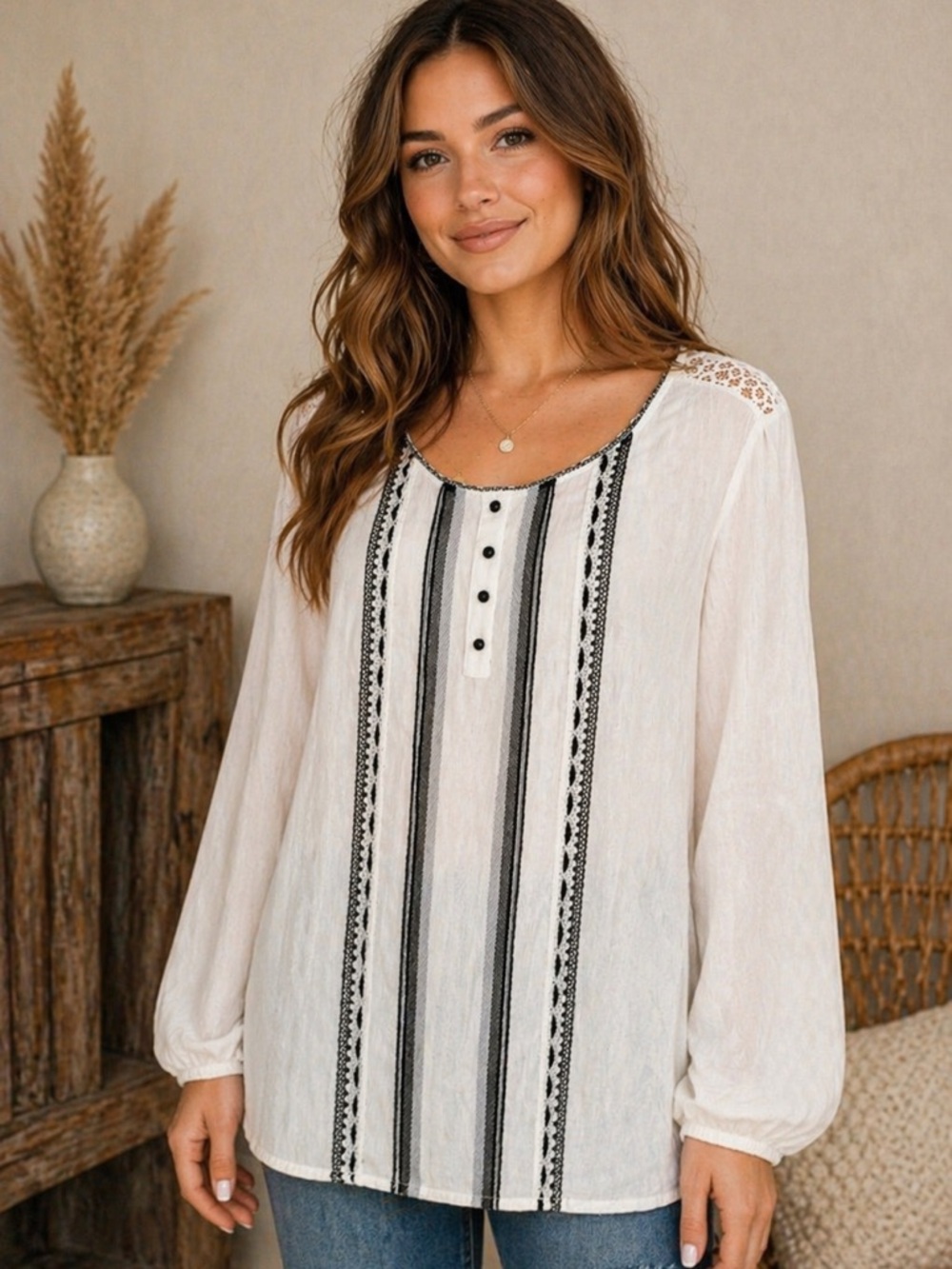 CANDIE’S Lace Blouse Sheer Boho Peasant Top Ivory Black Lace Button Front Large